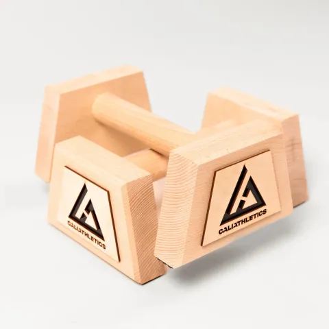 Caliathletics Wooden Parallettes Medium, the two beech bars stacked, logo on the feet