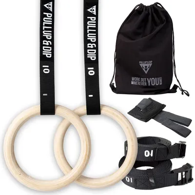 Pullup & Dip wooden rings with numbered straps and accessories kit